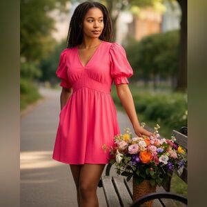 State - Pink Puff Sleeve Dress (M)
Elegant V-neck summer dress